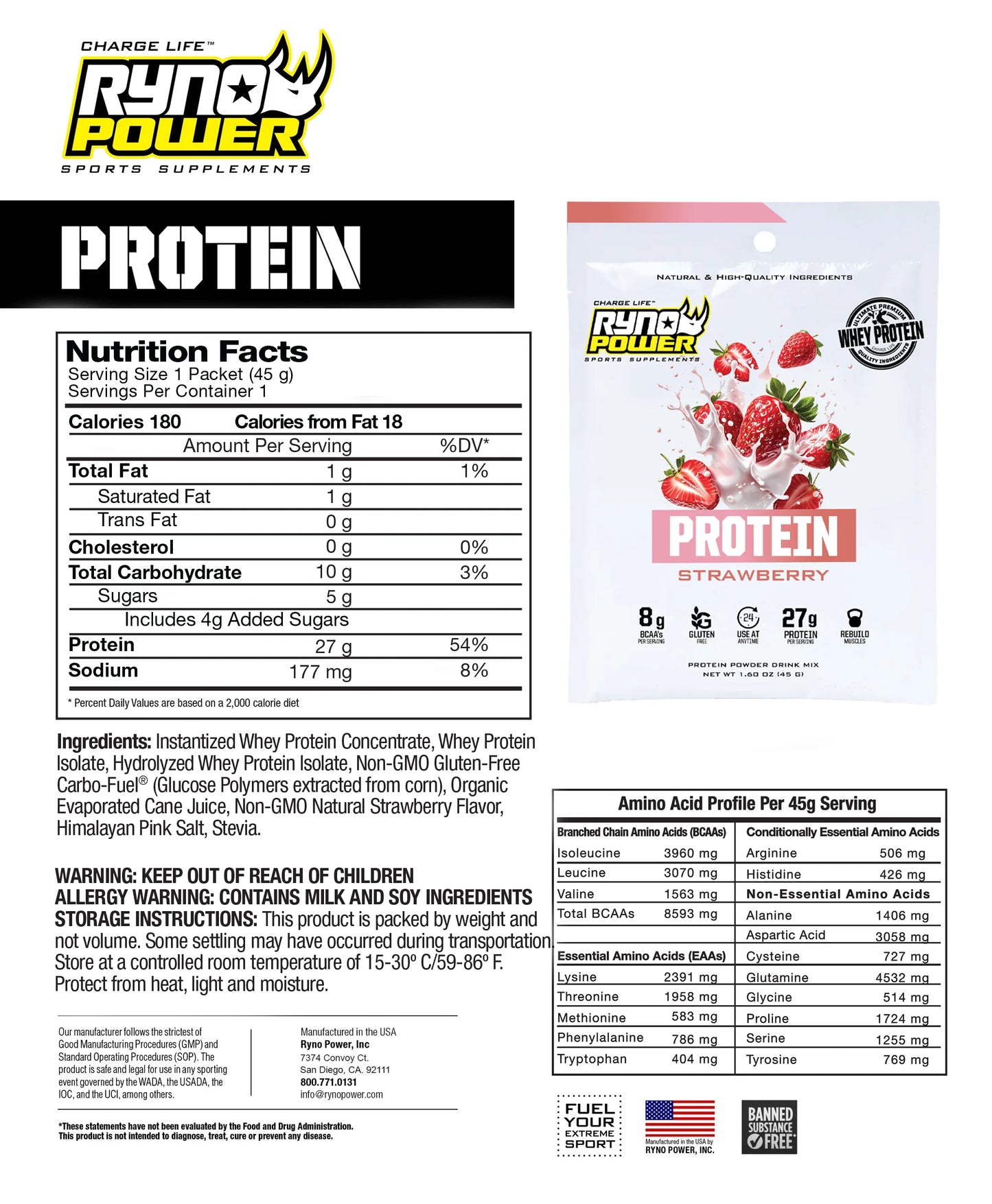 Ryno Power Strawberry Whey Protein Powder Single